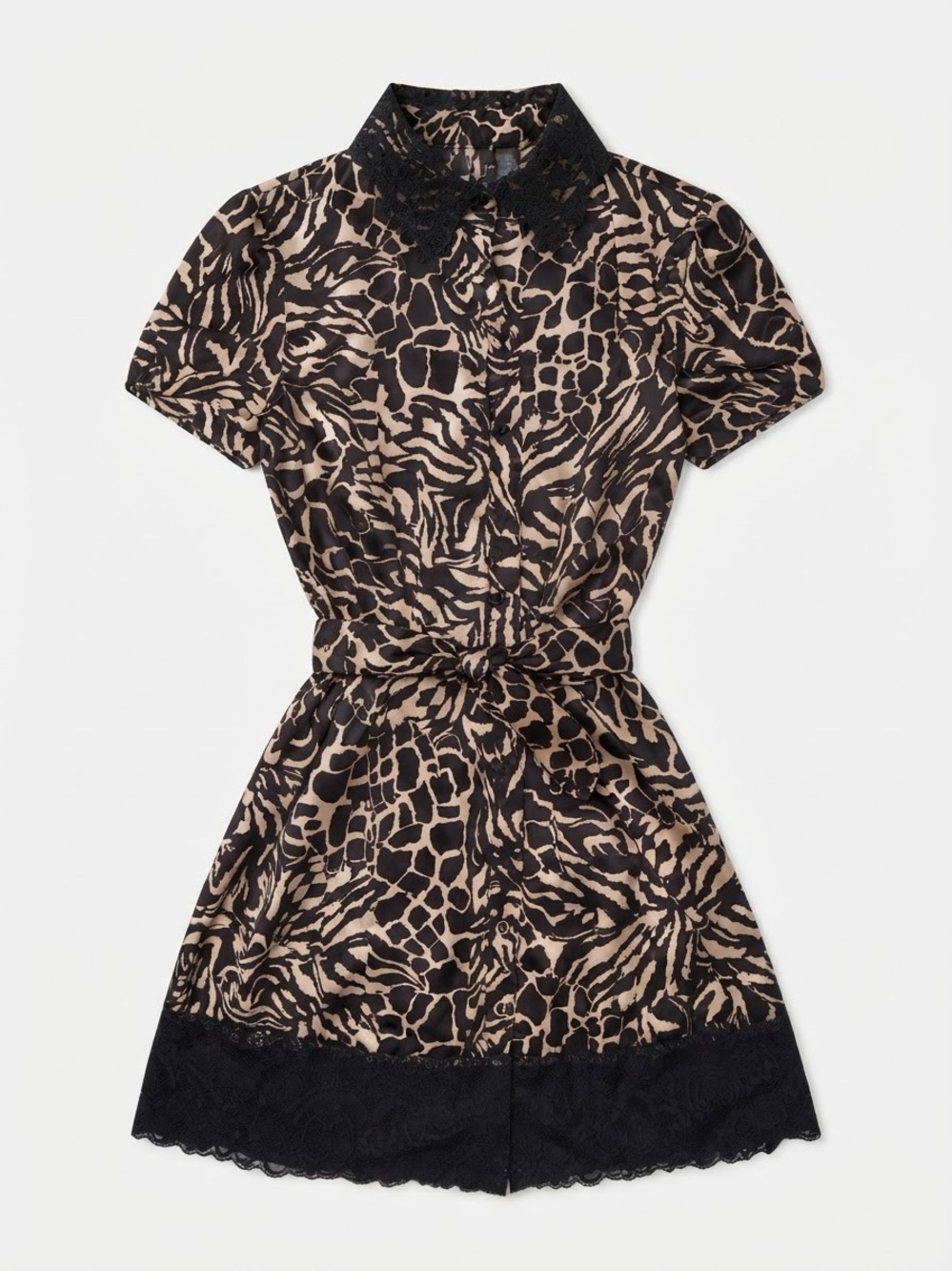 Bisou Bisou Black & Tan Animal Print Satin Mini Dress Lace Trim (Size M)